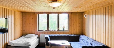 A cabin interior with a bed, sofa, and table, wooden walls, and a window with a view.