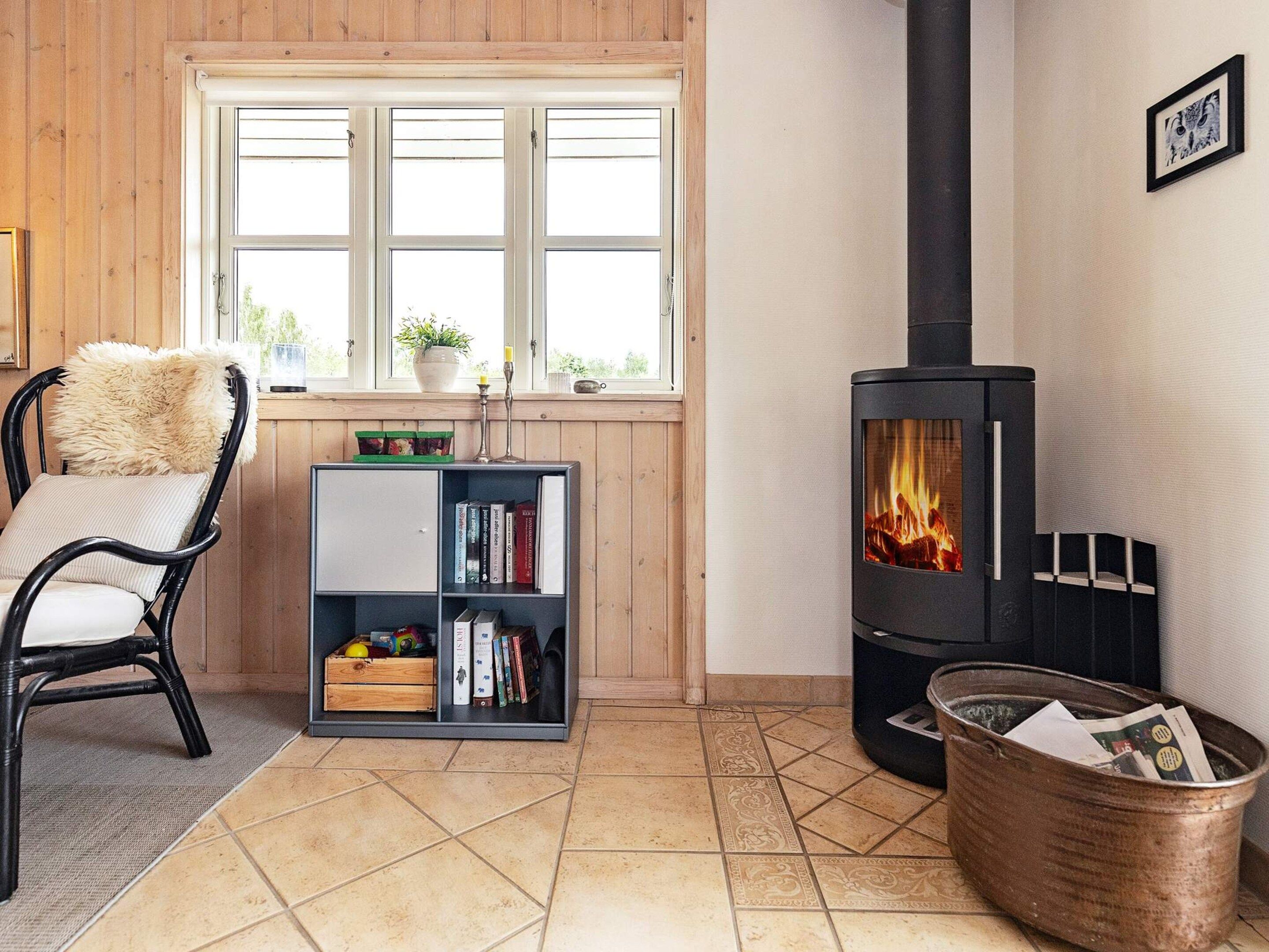Une pièce chaleureuse avec un poêle à bois noir, une bibliothèque, un fauteuil et une fenêtre donnant sur un beau paysage.