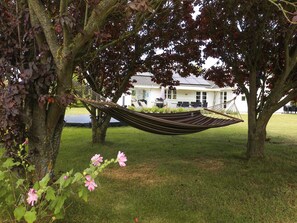 A hammock tied between trees in a grassy area with a house in the background.