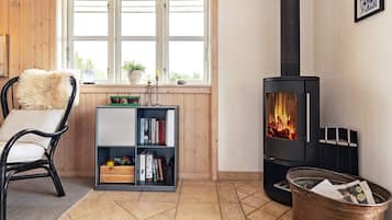Una habitación acogedora con chimenea, una estantería, una silla y una ventana.