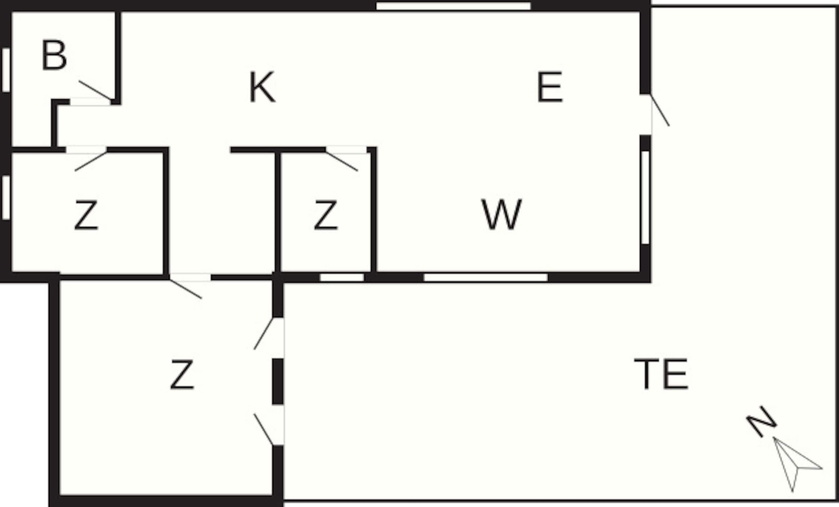 Planta baixa com quartos identificados: Z, B, K, E, W e TE.