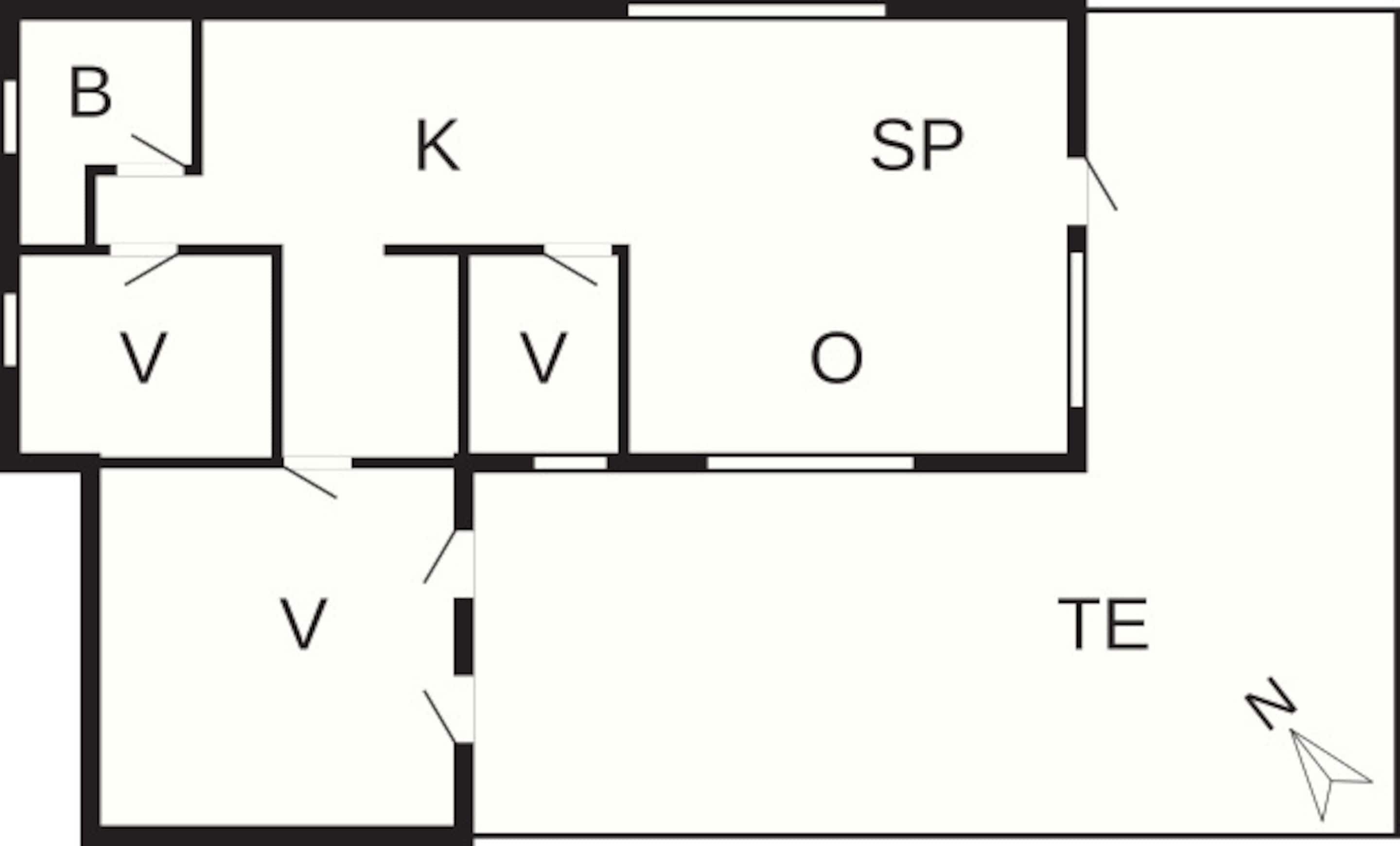 Ein Grundriss mit beschrifteten Räumen: B, K, SP, V, O und TE.