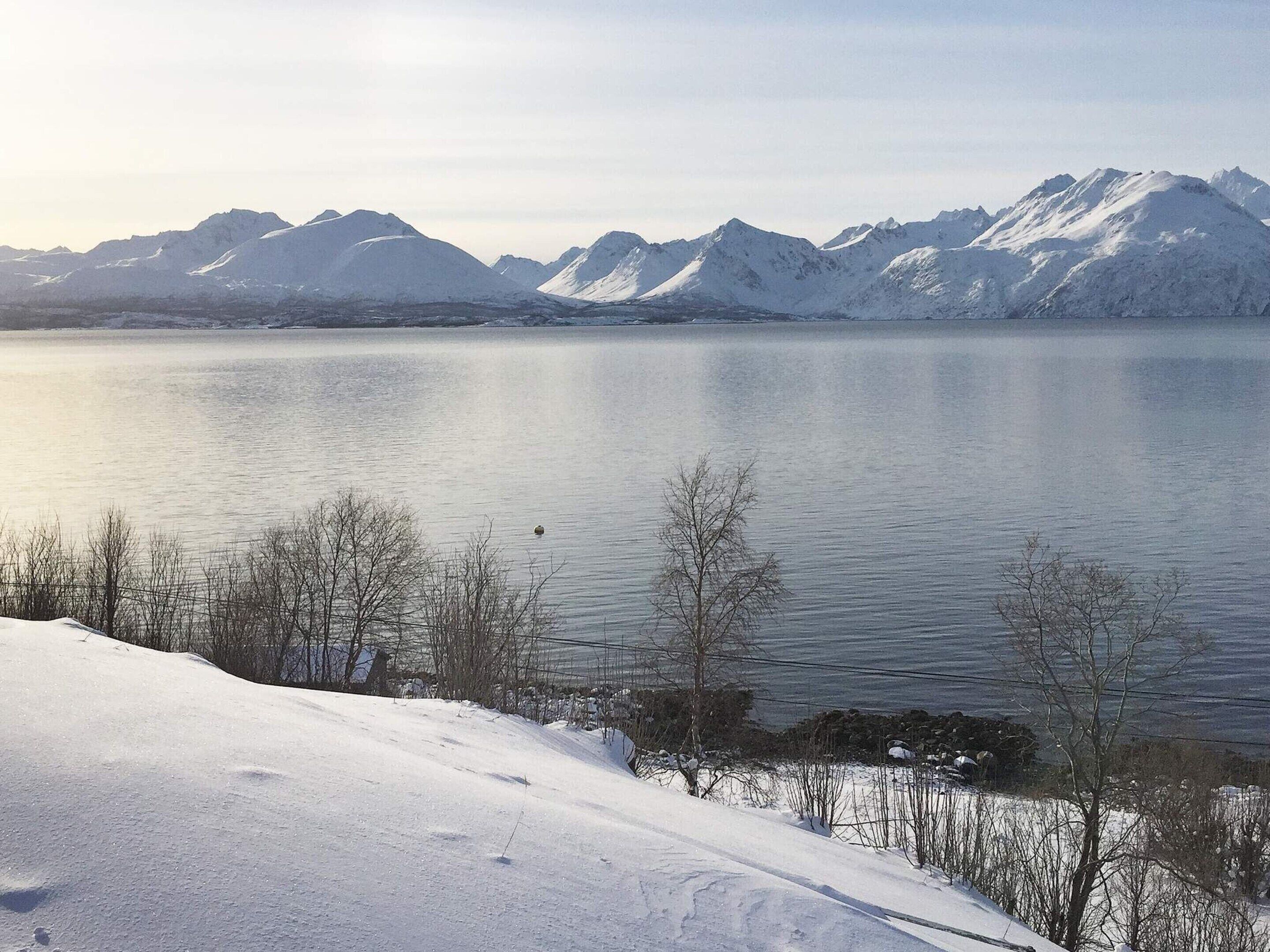 A snow-covered landscape with a lake and mountains in the background.