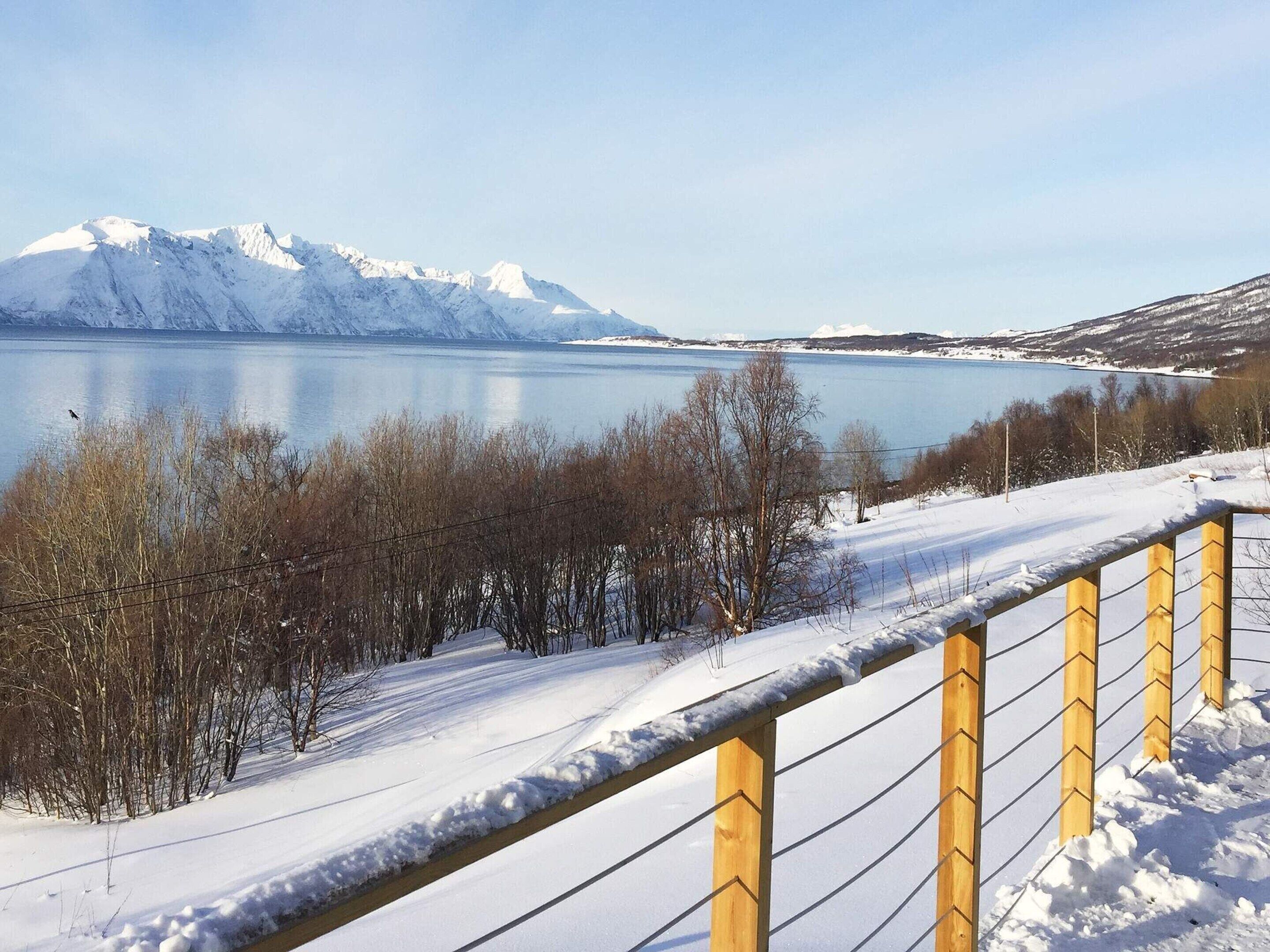 Schneebedeckte Landschaft mit einem See und Bergen im Hintergrund.