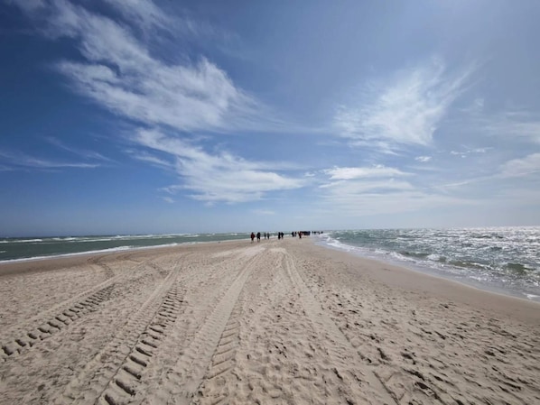 A sandy beach with tire tracks leading to the water, under a partly cloudy sky. - 4 Star Holiday Home in Skagen (Skagen)