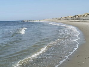 A beach with gentle waves, a sandy shore, and a rocky outcrop in the distance. - 4 Star Holiday Home in Skagen (Skagen)