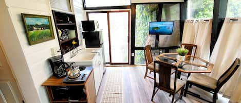 Fridge, microwave, stovetop, coffee/tea maker