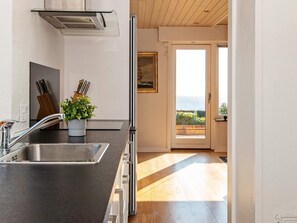A modern kitchen with a stainless steel sink, a potted plant, and a view of the sea through a glass door. - 6 Person Holiday Home in Borkop (Borkop)