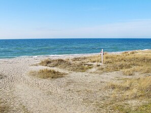 A beach with a sandy shore, a grassy area, and a clear blue sky. - 5 Star Holiday Home in Dannemare (Dannemare)