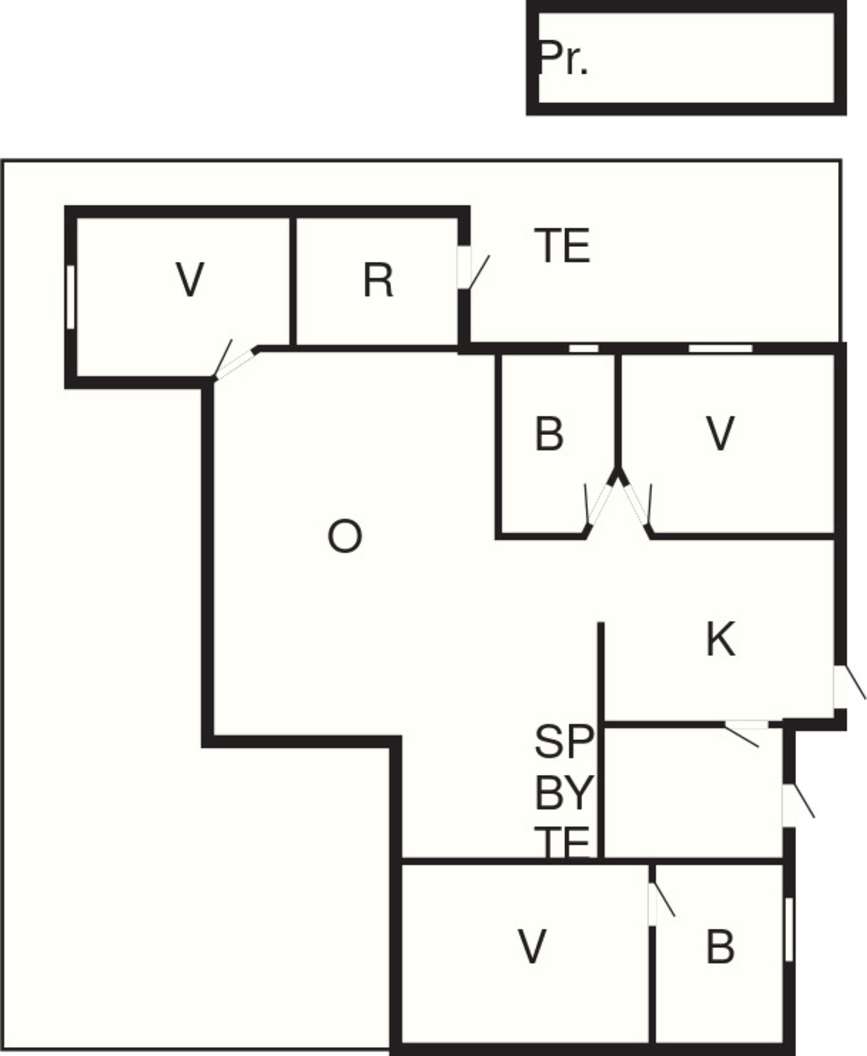 A floor plan with labeled rooms V, R, TE, B, O, K, SP, BY, and Pr.