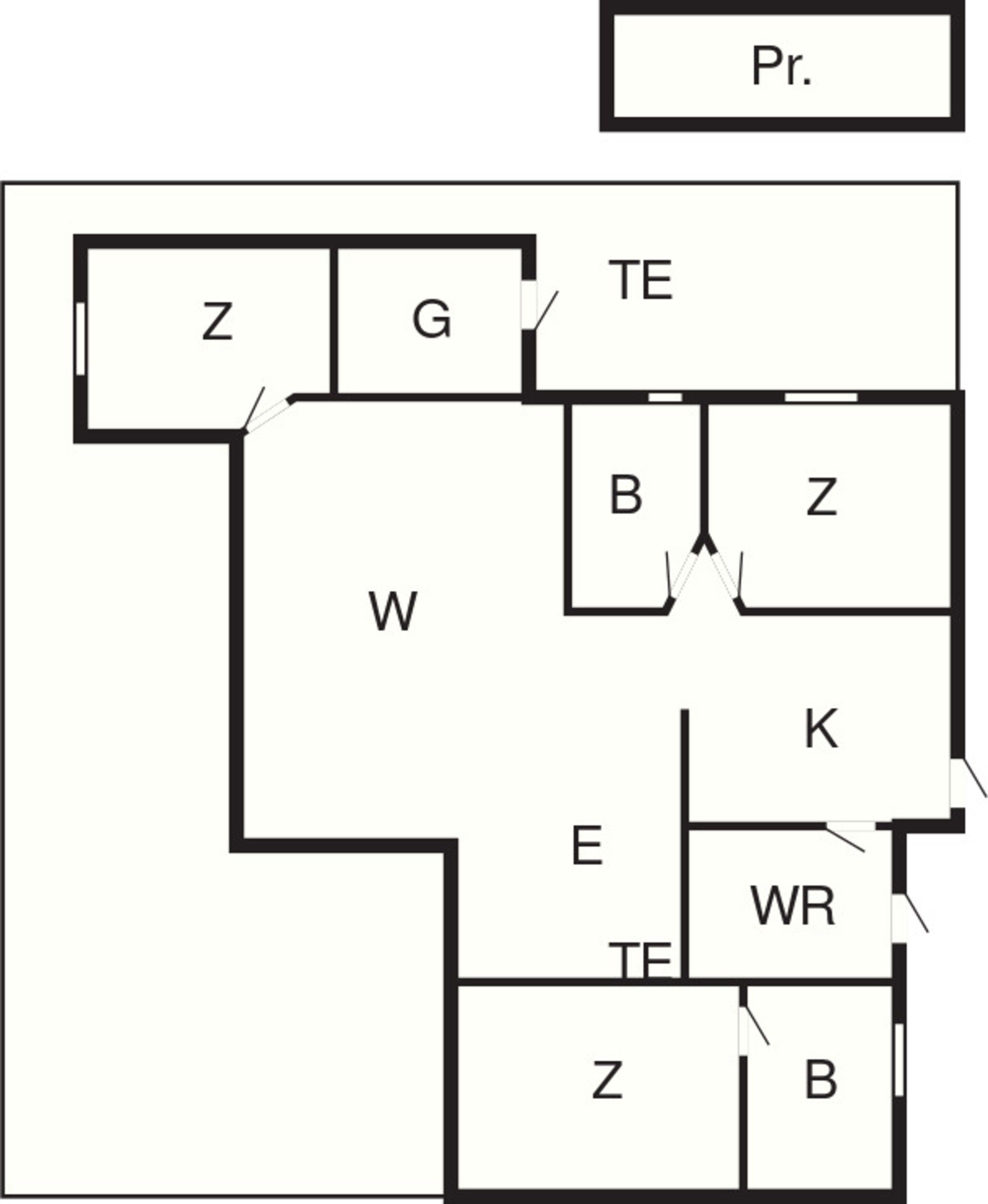 A floor plan with labeled rooms Z, G, W, B, E, K, TE, and WR.