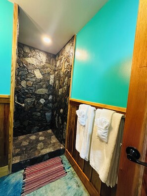 Shower, hair dryer, towels, soap