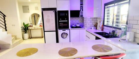 Fridge, microwave, oven, electric kettle