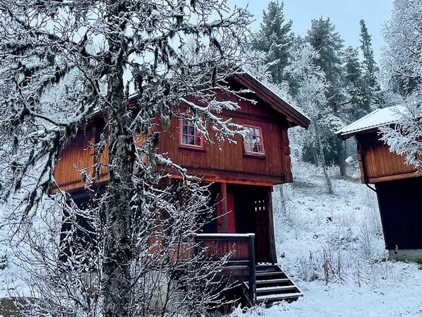 A wooden cabin with a red door and windows, surrounded by snow-covered trees and a clear sky.