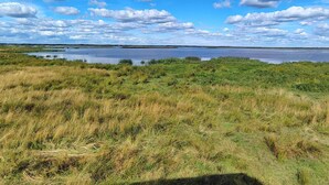 Eine natürliche Landschaft mit einem See, grünen Wiesen und blauem Himmel.