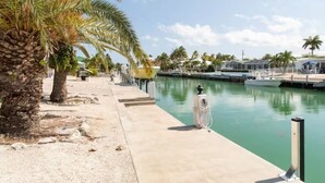 Un port de plaisance avec des bateaux amarrés, des palmiers et un ciel dégagé.