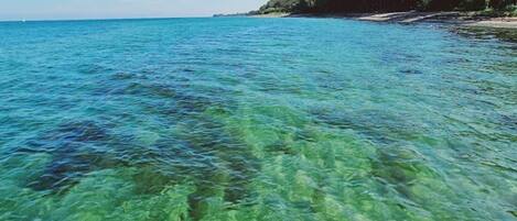 A clear coastal view with calm waters and a sandy beach.
