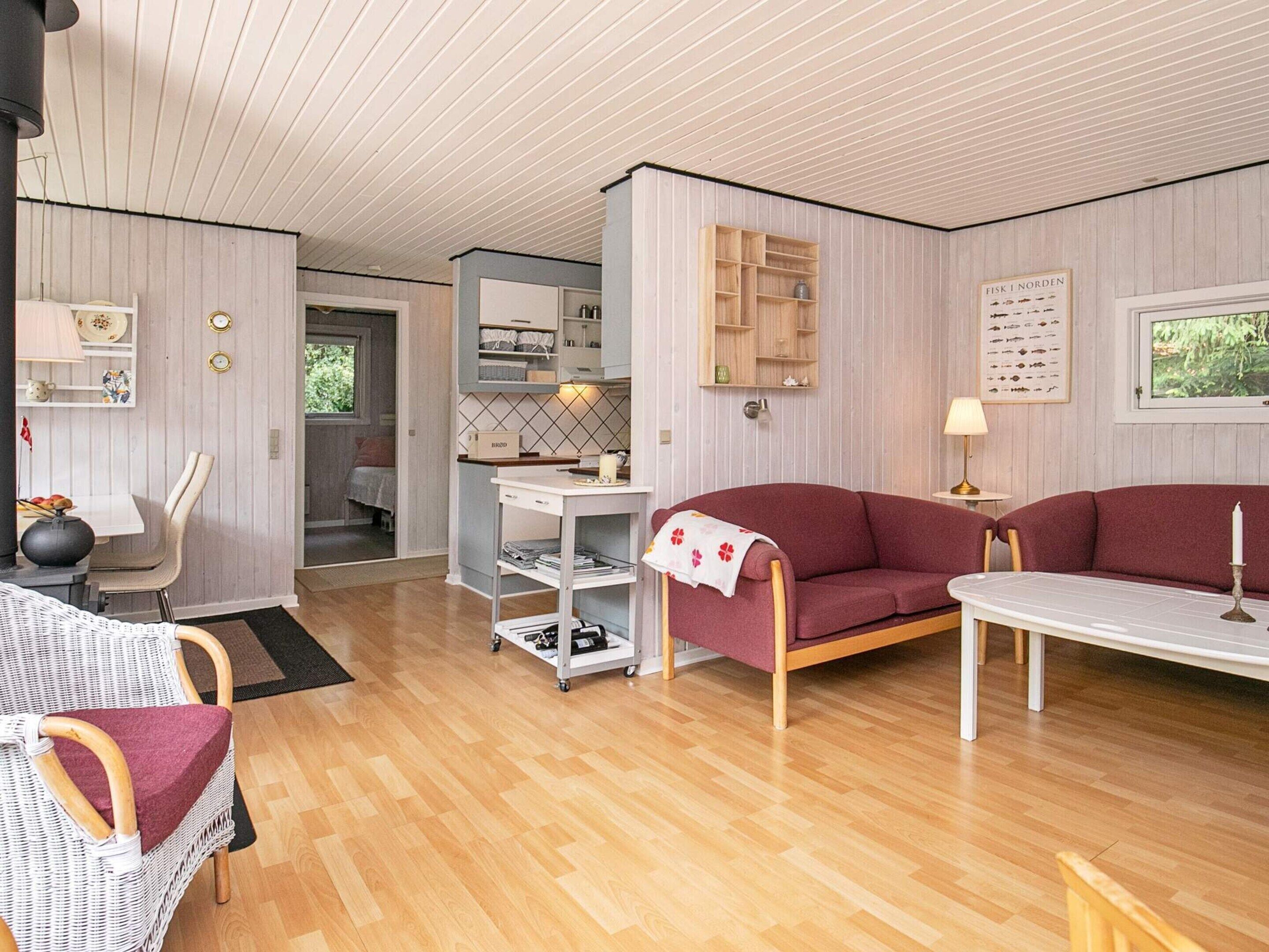 A cozy living room with a sofa, a dining table, and a kitchen area.