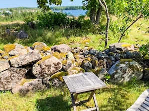 A natural outdoor area with a wooden table and a stone wall.