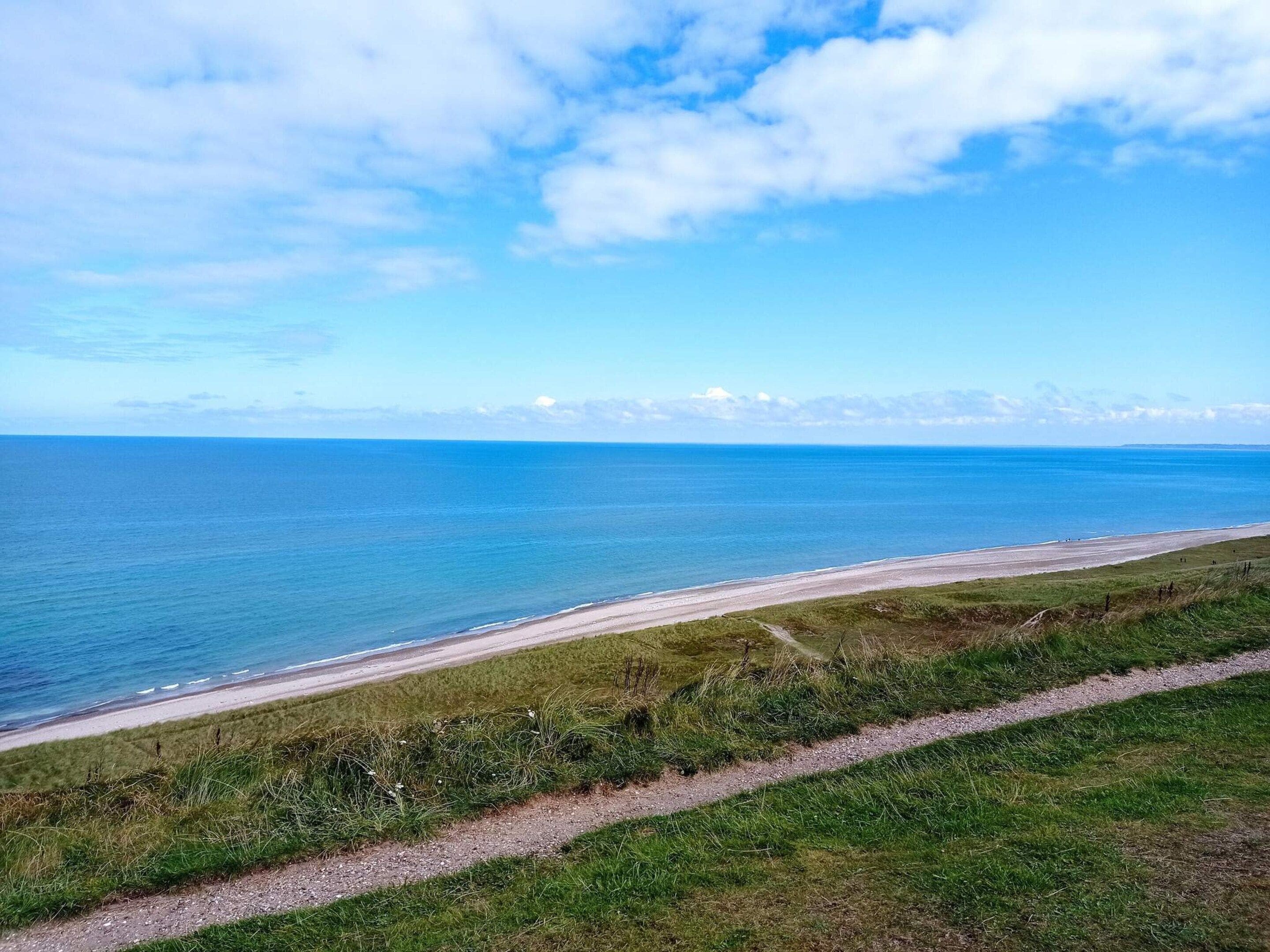 Un paisaje costero con cielo despejado, una playa arenosa y un sendero cubierto de hierba que lleva a la orilla.