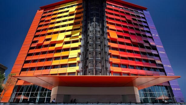 A multi-story building with a modern architectural design, featuring a prominent central column and balconies with signage. - Puerta America Madrid (Madrid)