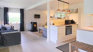 A modern living room with a sofa, a fireplace, and a kitchen area with a microwave and oven.