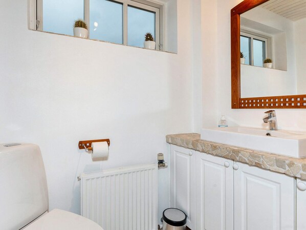 A bathroom with a toilet, a roll of toilet paper, a radiator, a sink with a mirror, and a window above the sink.