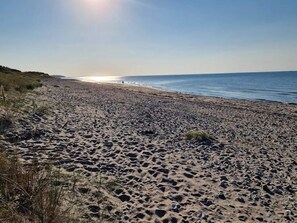 Una playa con cielo despejado, orilla arenosa y horizonte lejano.