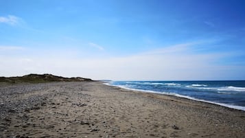 Een strand met een rotsachtige kustlijn en golven.