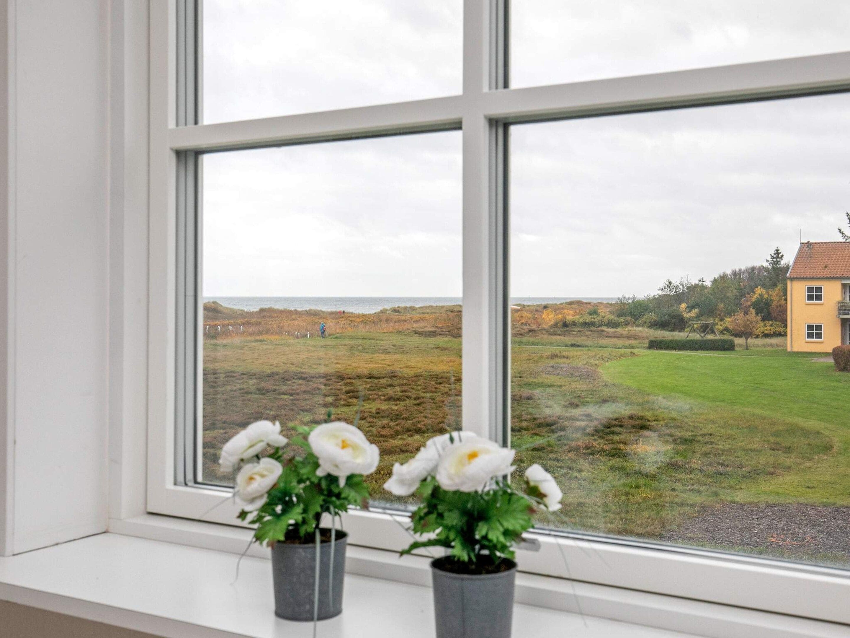 A window with two potted plants and a view of a grassy field and a yellow building.