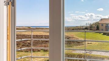 A view from a window with a metal railing, overlooking a grassy area with a building in the distance.