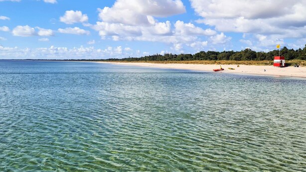 Une plage à l’eau claire, une tour de surveillance pour les sauveteurs et une forêt qui s’étend au loin.