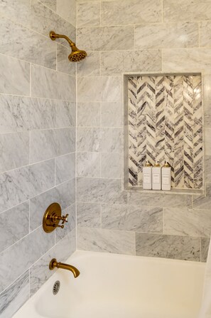 Hair dryer, towels, soap, shampoo