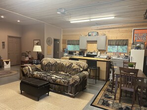 Smart TV, fireplace, DVD player, books