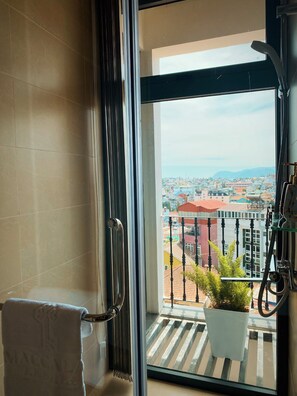 Doppia Basic, vista città | Bagno | Doccia, asciugacapelli, asciugamani, sapone