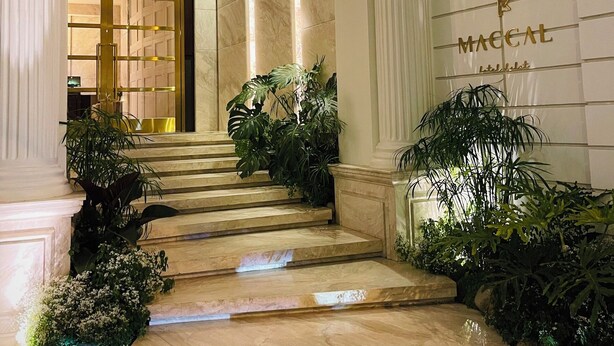 Uma entrada imponente com escadaria de mármore, colunas e vegetação exuberante.