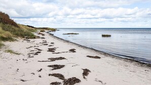 A beach with a sandy path leading to the water, some vegetation on the left, and a partly cloudy sky. - 6 Person Holiday Home in Hadsund (Hadsund)