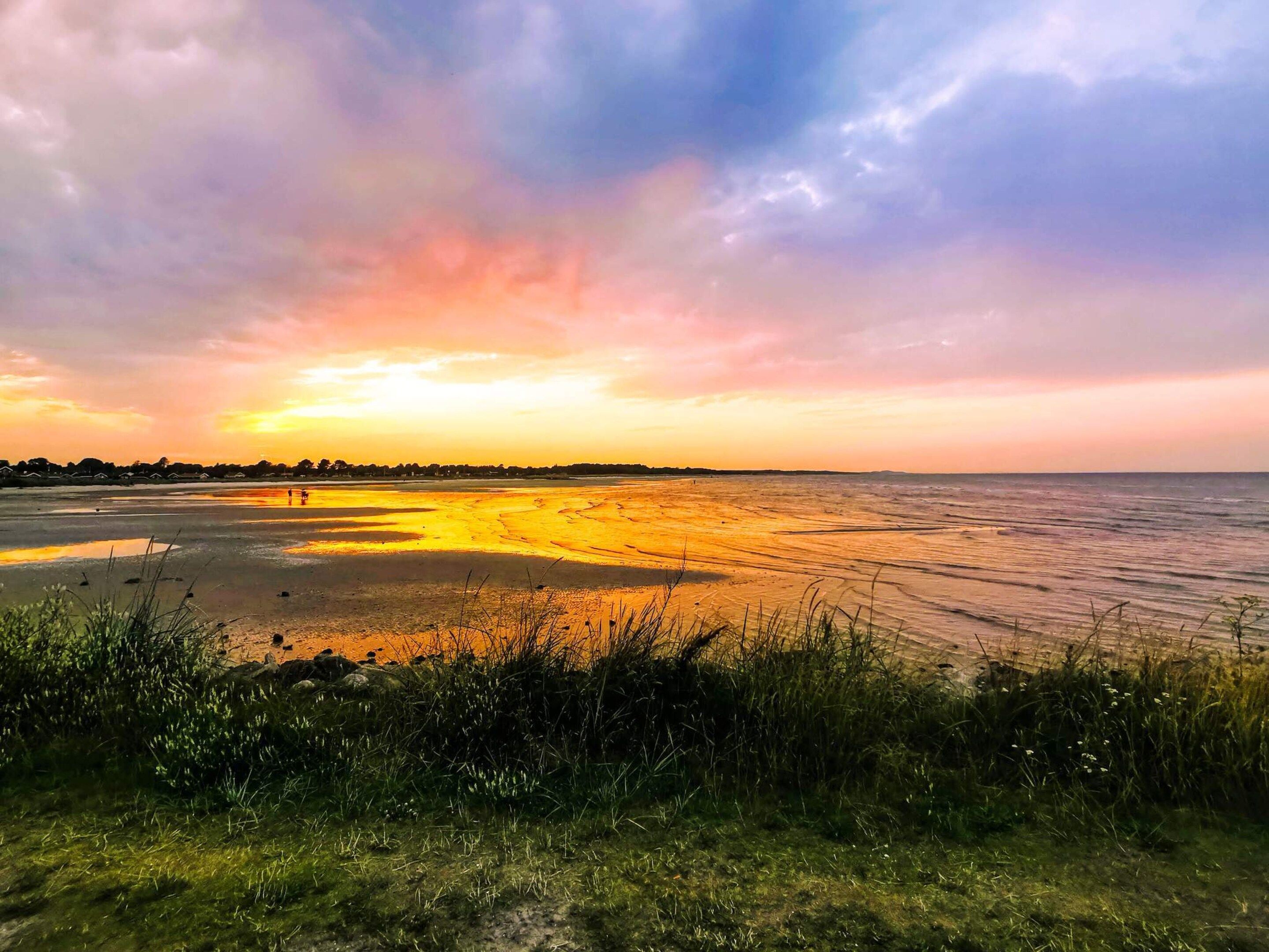 Kustlandschap met een zonsondergang, een grasveld voorop en een verre kustlijn.