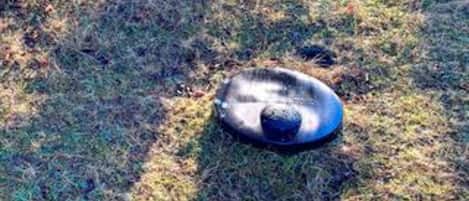 Un objet circulaire sur l’herbe.