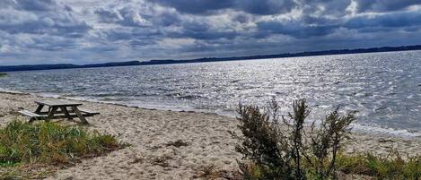 Una playa con una mesa de picnic y vistas al agua.