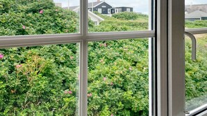 Udsigt gennem et vindue med metalramme, der viser en frodig grøn have med lyserøde blomster og et hus i baggrunden.