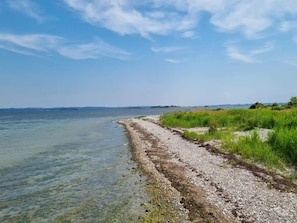 A coastal landscape with a pebble beach leading to calm waters, surrounded by green vegetation. - 5 Star Holiday Home in Bogense (Bogense)
