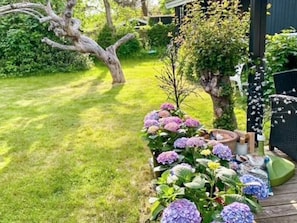Ein Garten mit einer Holterrasse, einem Baum und Hortensienblüten.