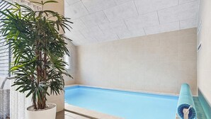 A swimming pool with a tiled floor and walls, a potted plant, and a blue towel rack. - 5 Star Holiday Home in Vaeggerlose (Vaeggerlose)