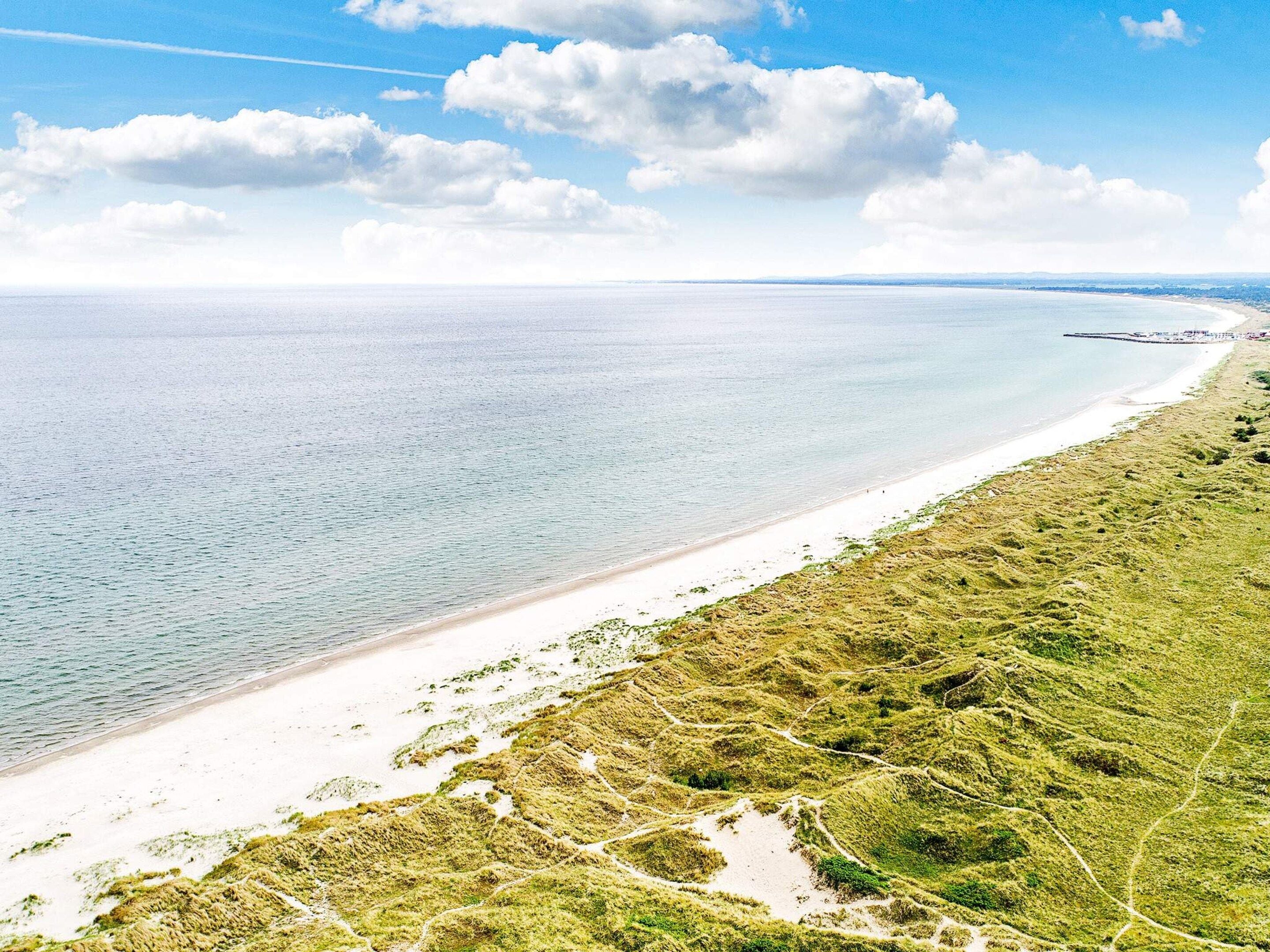 Eine Küstenlandschaft mit sandigem Strand und grasbewachsenen Dünen.