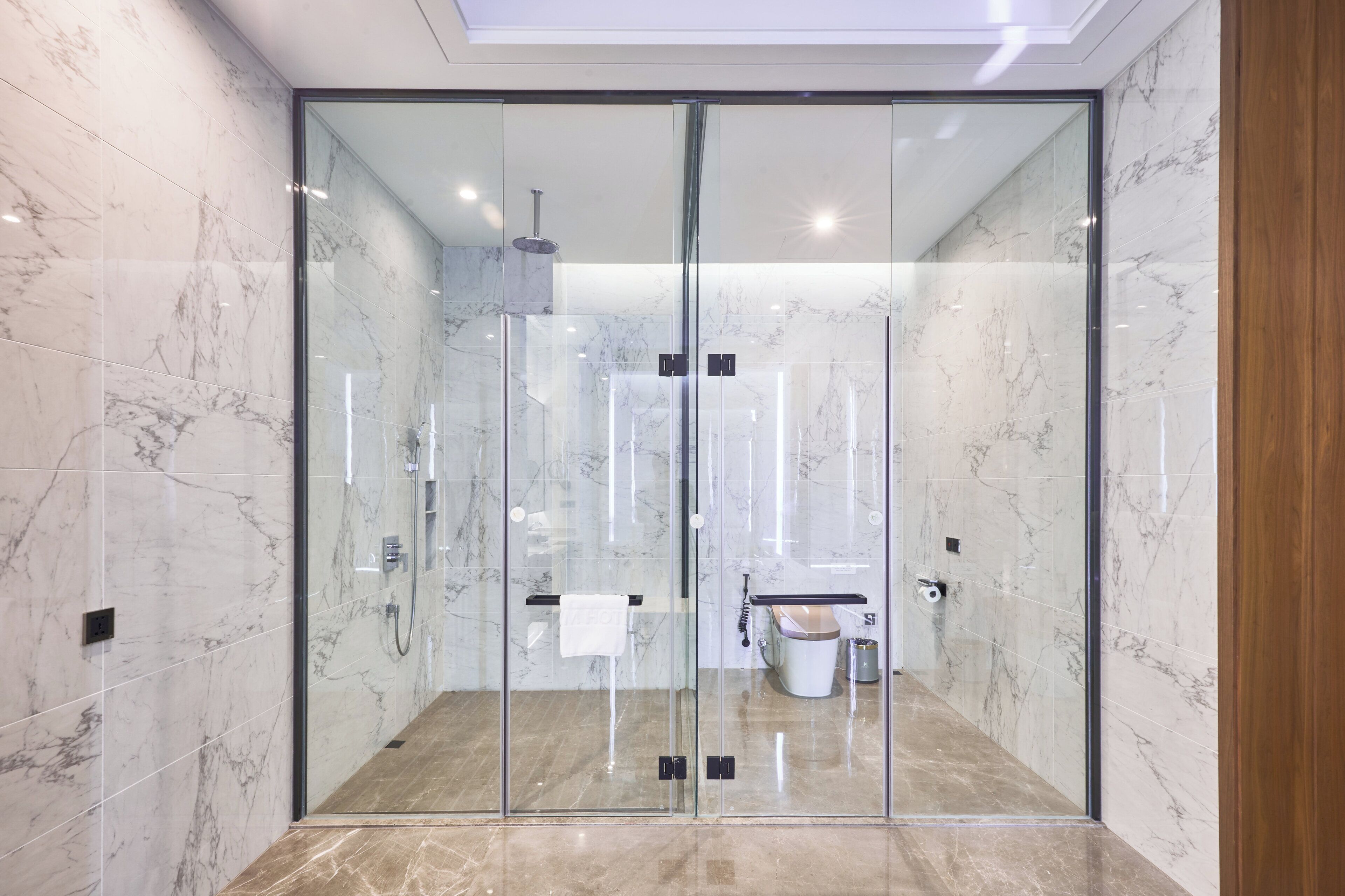 A modern bathroom with a glass-enclosed shower, marble walls, and a visible toilet.