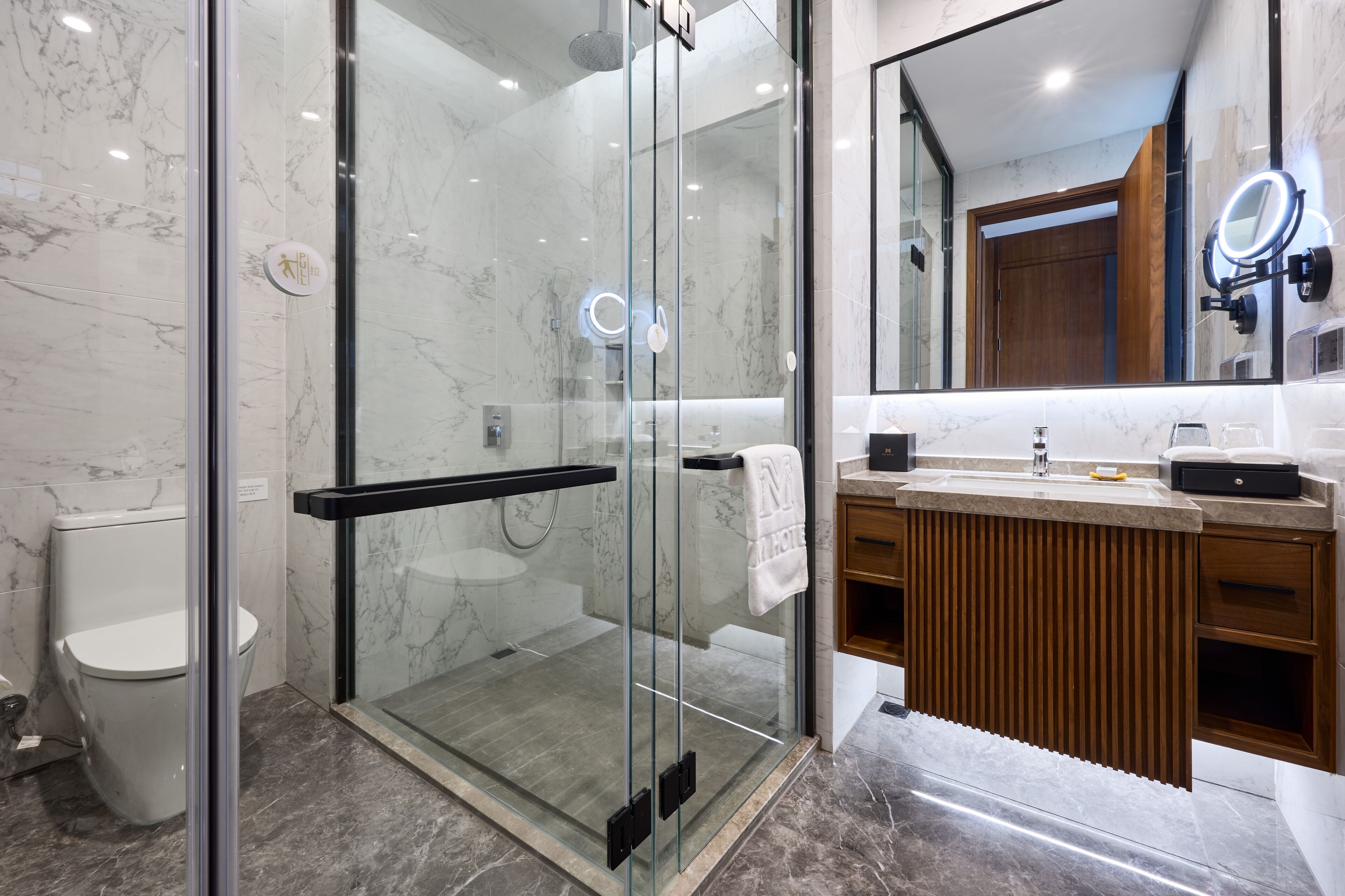 A modern bathroom with a glass-enclosed shower, a toilet, a sink with a vanity, and a large mirror with a ring light.
