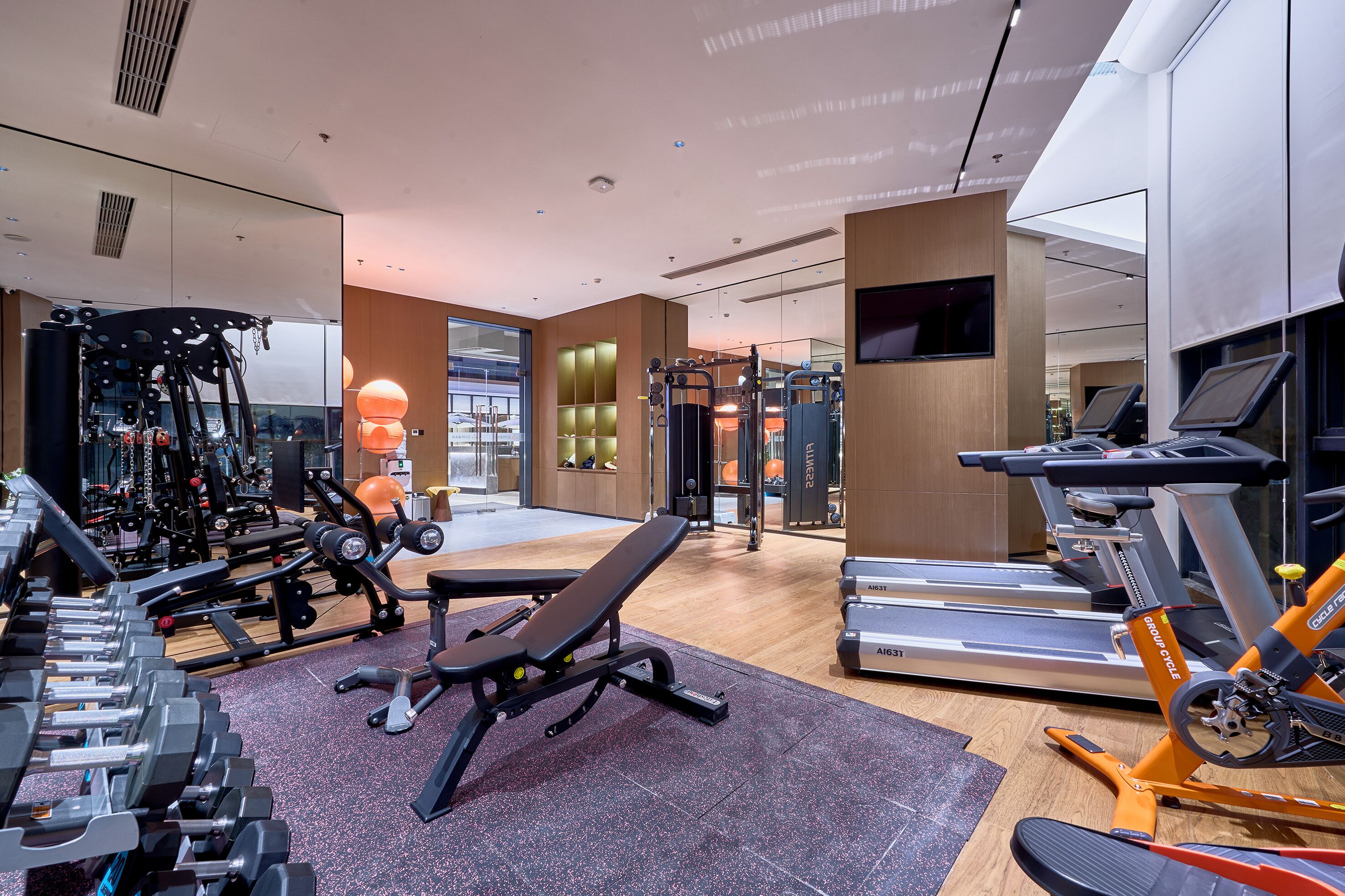 A modern gym with various exercise equipment, including treadmills, weight machines, and free weights.