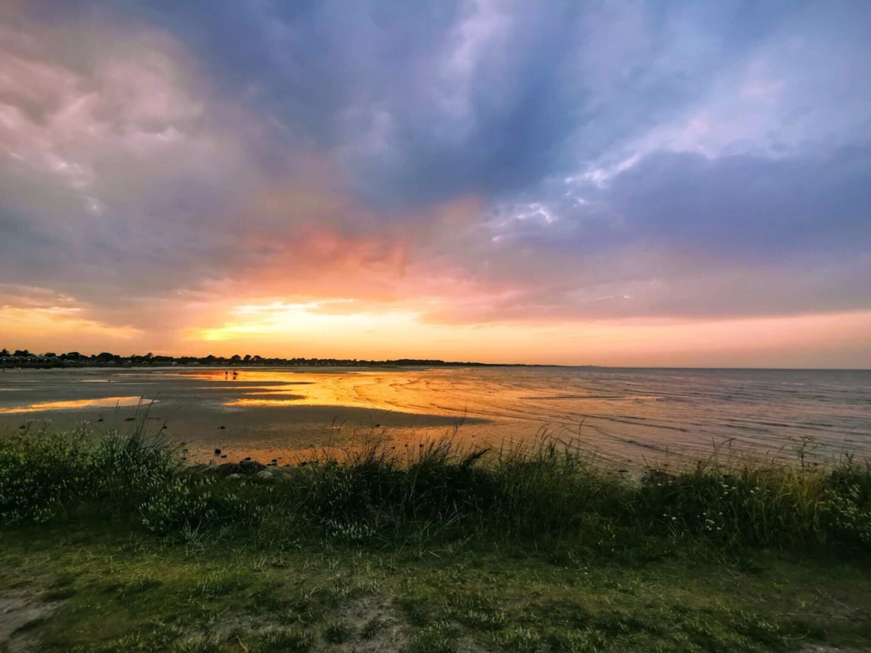 Un paisaje costero con atardecer, un primer plano con hierba y mar tranquilo.