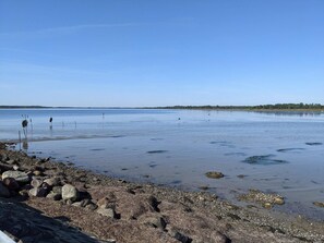 A calm lake with a rocky shoreline and a distant tree line.